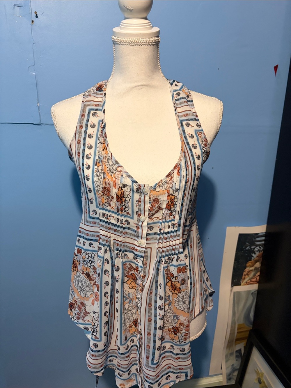 American Rag Blue and Brown Floral Button-Front Halter Top